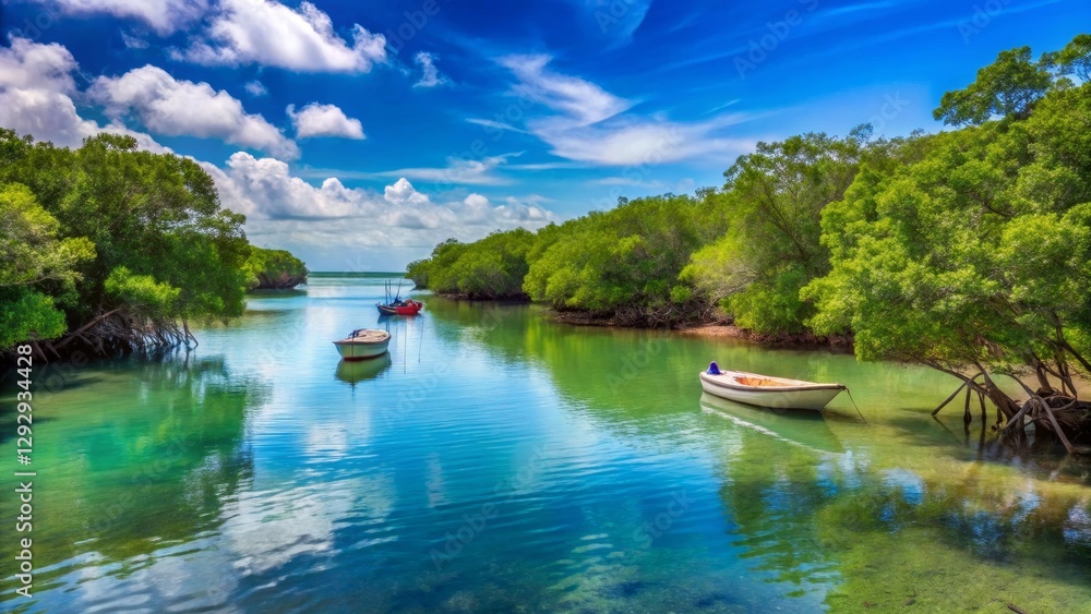 Serene Coastal Inlet with Boats Moored Amongst Lush Mangrove Trees Under a Vivid Sky Serene Coastal Inlet with Boats Moored Amongst Lush Mangrove Trees Under a Vivid Sky