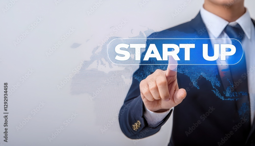 Businessman touching start-up button for new venture or innovative project. Businessman touching start-up button for new venture or innovative project.
