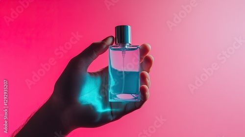 hand holding a spray can. Man perfume bottle. Aroma. background. Fashion.