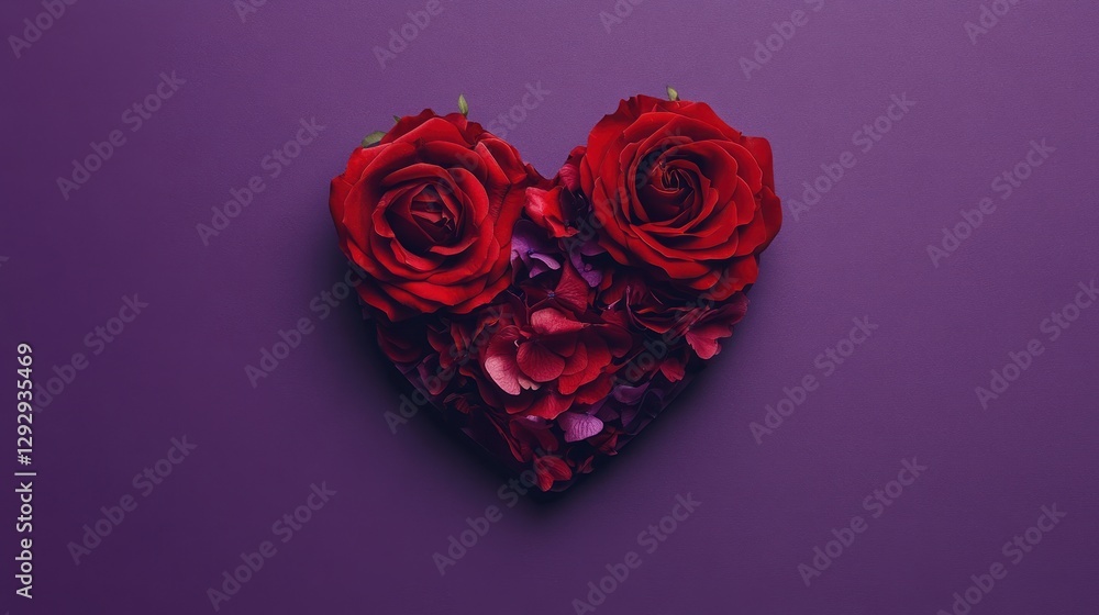 Red rose heart, petals, purple background, Valentine's Day, romantic Red rose heart, petals, purple background, Valentine's Day, romantic