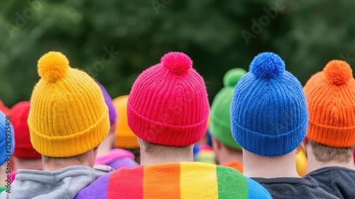 Pride Parade Attendees, Colorful Hats, Rainbow Banner, Outdoors photo