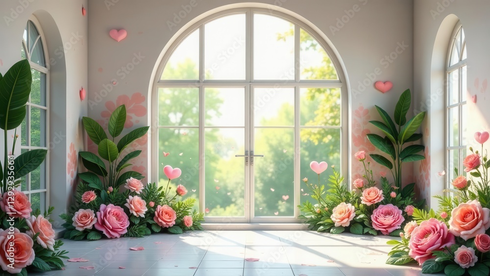 Fototapeta premium Serene Indoor Garden Room with Arch Window, Pink Roses, and Heart Decorations