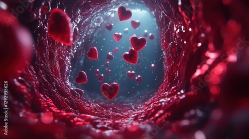 Fototapeta Naklejka Na Ścianę i Meble -  Red hearts falling tunnel, abstract love background, Valentine's Day