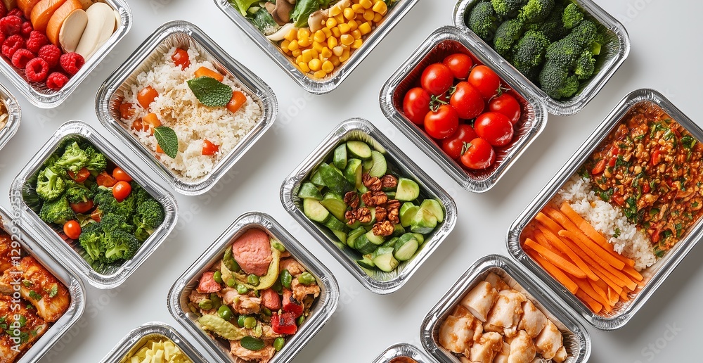 Assortment of Healthy Meal Prep Containers with Various Vegetables, Grains, and Proteins Assortment of Healthy Meal Prep Containers with Various Vegetables, Grains, and Proteins