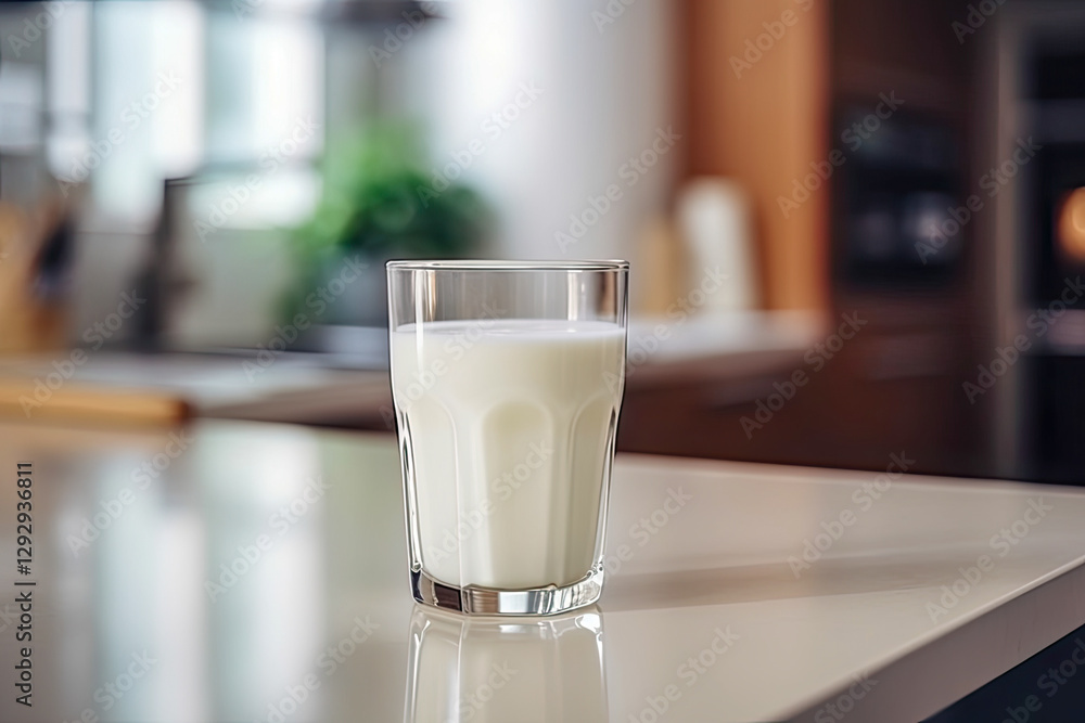 Milk sits invitingly in a clear glass on a kitchen table with natural light streaming in from the windows Milk sits invitingly in a clear glass on a kitchen table with natural light streaming in from the windows
