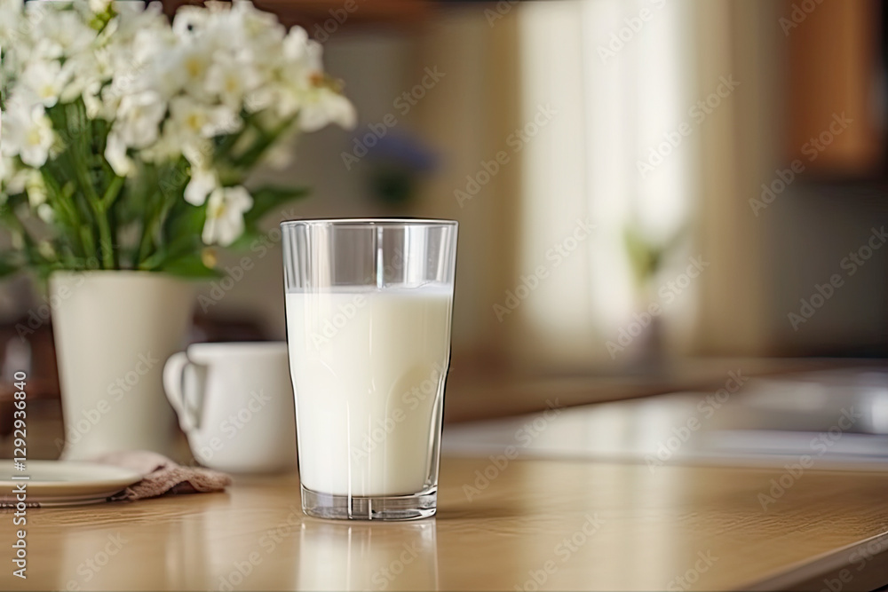 Milk sits invitingly in a clear glass on a kitchen table with natural light streaming in from the windows Milk sits invitingly in a clear glass on a kitchen table with natural light streaming in from the windows