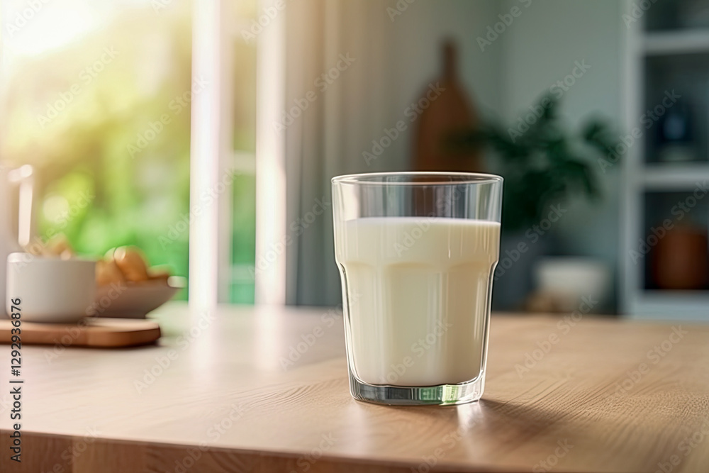 Milk sits invitingly in a clear glass on a kitchen table with natural light streaming in from the windows Milk sits invitingly in a clear glass on a kitchen table with natural light streaming in from the windows