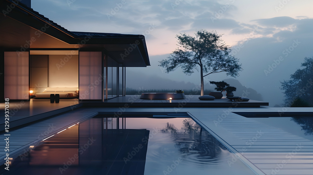 Fototapeta premium Serene Evening Retreat, Modern Architecture and Tranquil Poolside Scenery