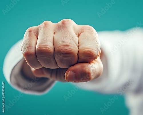 Clenched fist, teal background