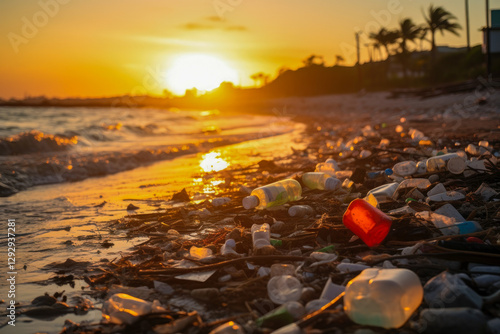 Significant accumulation of plastic waste on the ocean shore during sunset near a coastal city photo