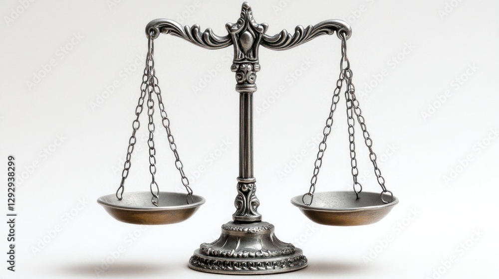 Silver scales of justice on white background, legal concept, balance Silver scales of justice on white background, legal concept, balance