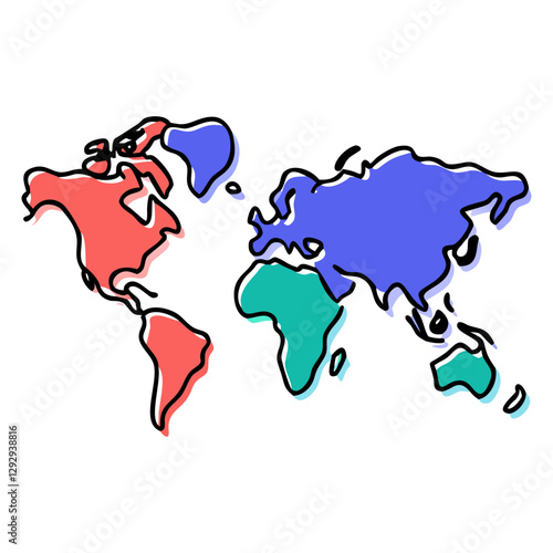 Vector illustration of a colorful world map, symbolizing global connection, geography, and international travel. Simple and artistic design.