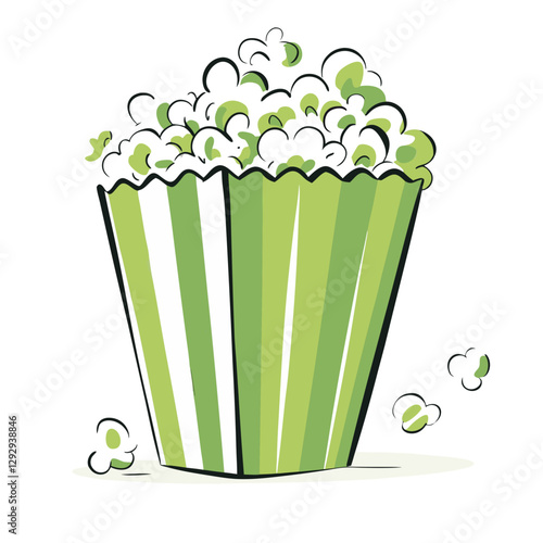 Vector illustration of a classic striped popcorn box, symbolizing cinema, movies, and theater snacks. Fun and nostalgic design.