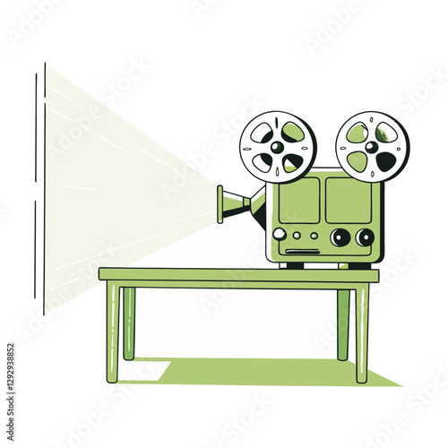 Vector illustration of a vintage film projector casting a beam of light, symbolizing classic cinema, filmmaking, and movie screenings. Nostalgic and artistic design.