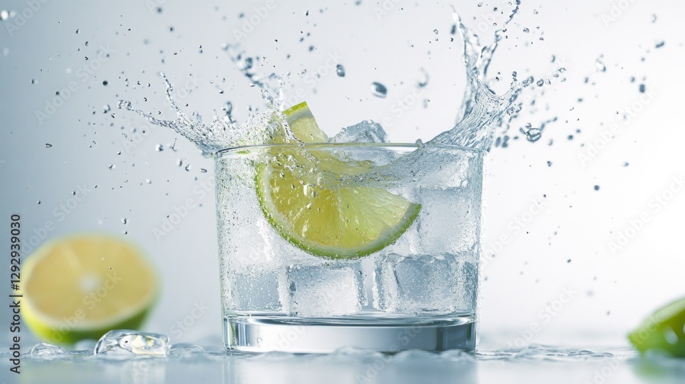 Lime, ice, water splash, drink, studio, refreshing, beverage, advertising Lime, ice, water splash, drink, studio, refreshing, beverage, advertising