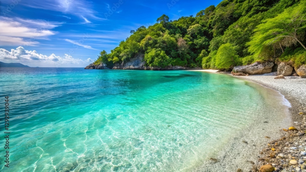 Secluded Cove's Crystal-Clear Waters and Serene Beachscape Under a Vivid Summer Sky Secluded Cove's Crystal-Clear Waters and Serene Beachscape Under a Vivid Summer Sky