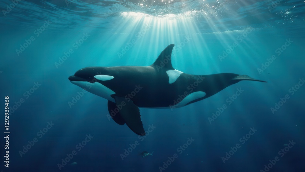 Fototapeta premium Majestic Orca in Ocean Depths, Illuminated by Sunbeams Piercing the Azure Water, a Serene Underwater Scene