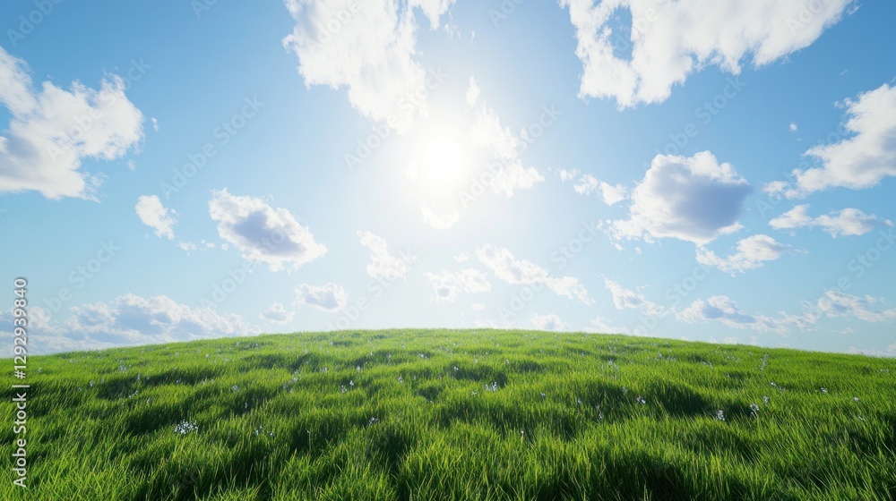 Obraz premium Sunny meadow, blue sky, fluffy clouds, green grass, idyllic landscape, perfect for travel brochures