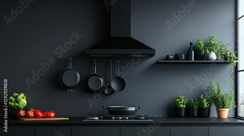 Dark kitchen, cooking, pots, range, herbs, window, minimalist design, interior