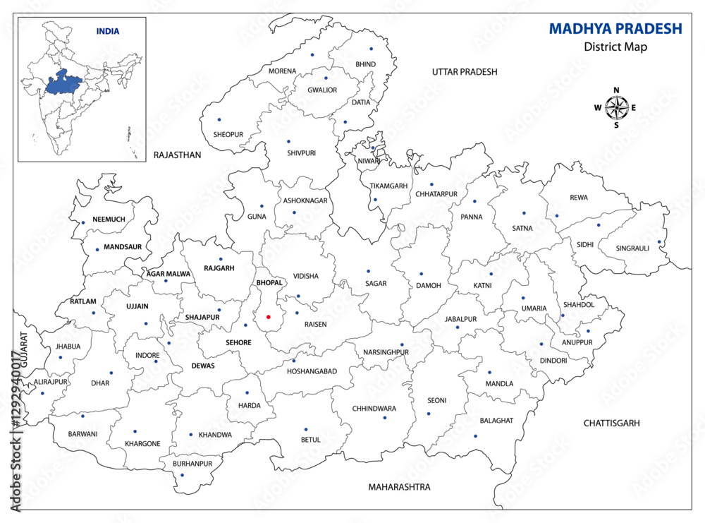 Naklejka premium Outline Map of Madhya Pradesh, India - High-Resolution Illustration