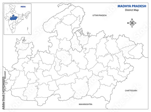 Outline Map of Madhya Pradesh, with Districts - High-Resolution Illustration
