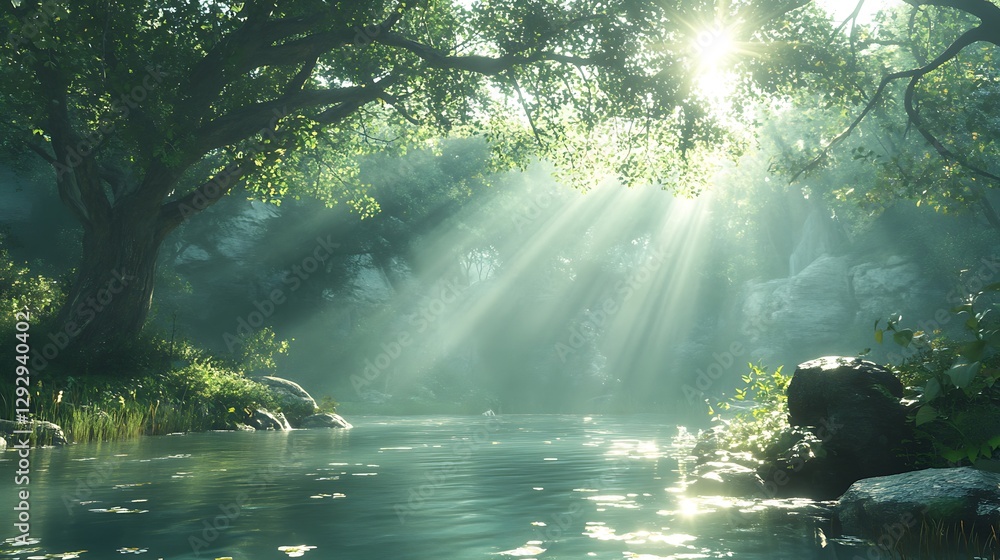 Sunlight streams through trees into a beautiful peaceful forest scene