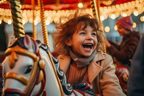 Children joyfully riding a vintage carousel with bright lights at a festive amusement park during the evening