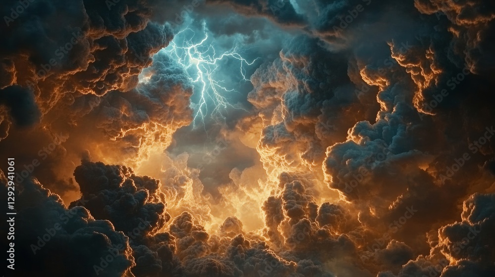 Dramatic thunderstorm clouds with bright lightning and contrasting colors, atmospheric sky scene. Nature's power and energy concept Dramatic thunderstorm clouds with bright lightning and contrasting colors, atmospheric sky scene. Nature's power and energy concept