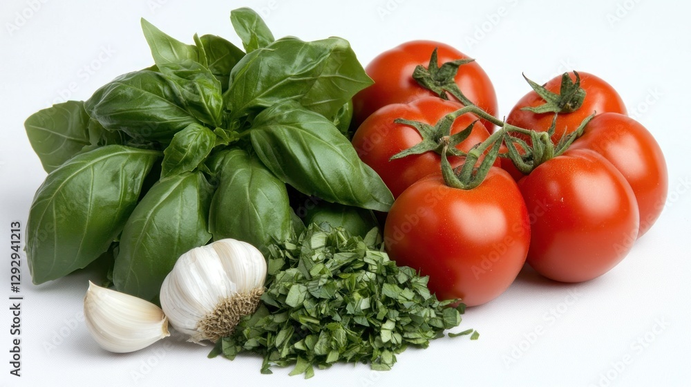Fresh tomatoes, basil, garlic, and parsley on white background for recipe Fresh tomatoes, basil, garlic, and parsley on white background for recipe