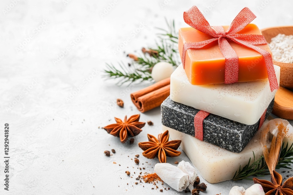 A playful flat design of soap bars arranged in a stack, wrapped with ribbons, and surrounded by doodles of natural ingredients