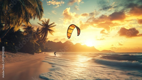Tropical sunset kitesurfing beach paradise