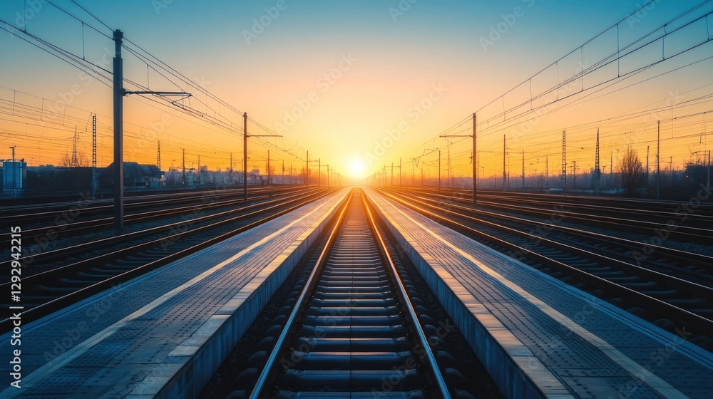 Sunset Railway Tracks Converge Cityscape Sunset Railway Tracks Converge Cityscape