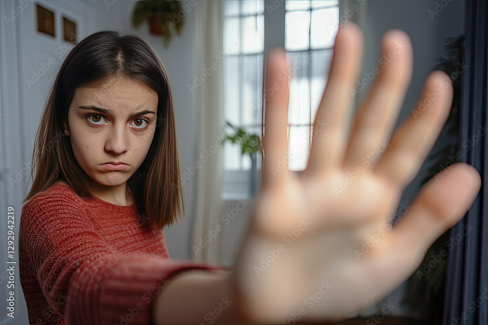 Scared girl shows stop sign with her palm while standing indoors in a well-lit room