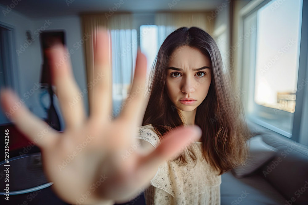 Scared girl shows stop sign with her palm while standing indoors in a well-lit room Scared girl shows stop sign with her palm while standing indoors in a well-lit room
