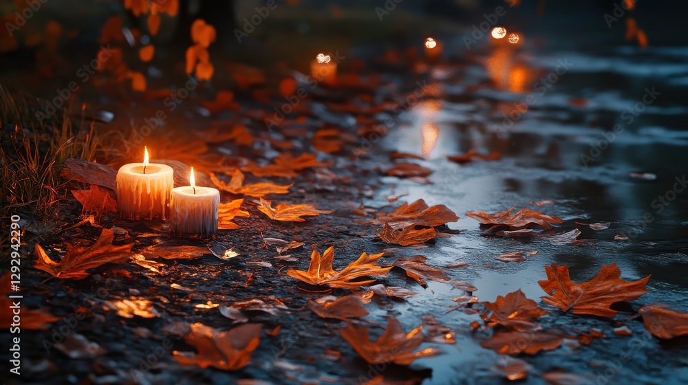 Autumnal Candles Fallen Leaves by Water Autumnal Candles Fallen Leaves by Water