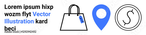 Free Download Shopping bag with price tag, location pin, and currency sign in a circle. Ideal for retail, e-commerce, payment systems, store locator, shopping tools, business planning flat landing page banner - GFXLoad