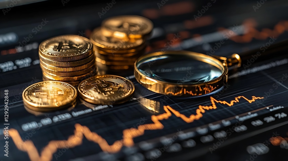 Bitcoin Coins and Market Trends Analysis, A close up view of golden Bitcoin coins stacked on a dark surface with a magnifying glass beside them Bitcoin Coins and Market Trends Analysis, A close up view of golden Bitcoin coins stacked on a dark surface with a magnifying glass beside them