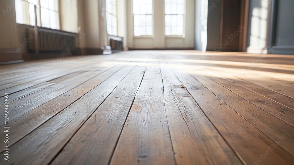 Sunlight streams across reclaimed wood floor in loft Sunlight streams across reclaimed wood floor in loft