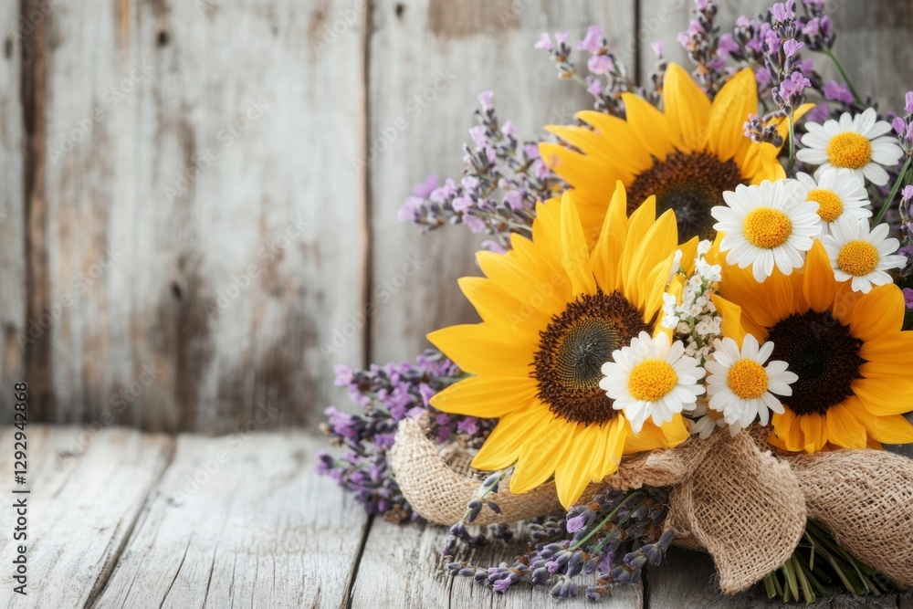 Fototapeta premium A rustic-style bouquet featuring sunflowers, daisies, and lavender, tied with a burlap ribbon against a wooden backdrop