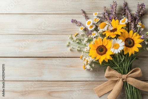 Wallpaper Mural A rustic-style bouquet featuring sunflowers, daisies, and lavender, tied with a burlap ribbon against a wooden backdrop Torontodigital.ca
