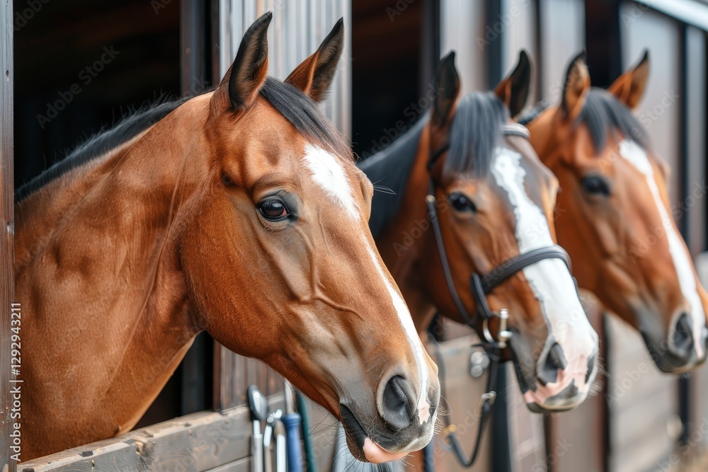 Three beautiful horses peek out from their stable, showcasing their shiny coats and attentive expressions.