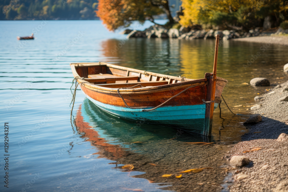 Boat floating on calm water with misty mountains and autumn trees during sunrise Boat floating on calm water with misty mountains and autumn trees during sunrise