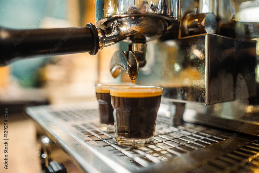 A barista crafts a hot beverage by pouring espresso from a steel machine A barista crafts a hot beverage by pouring espresso from a steel machine