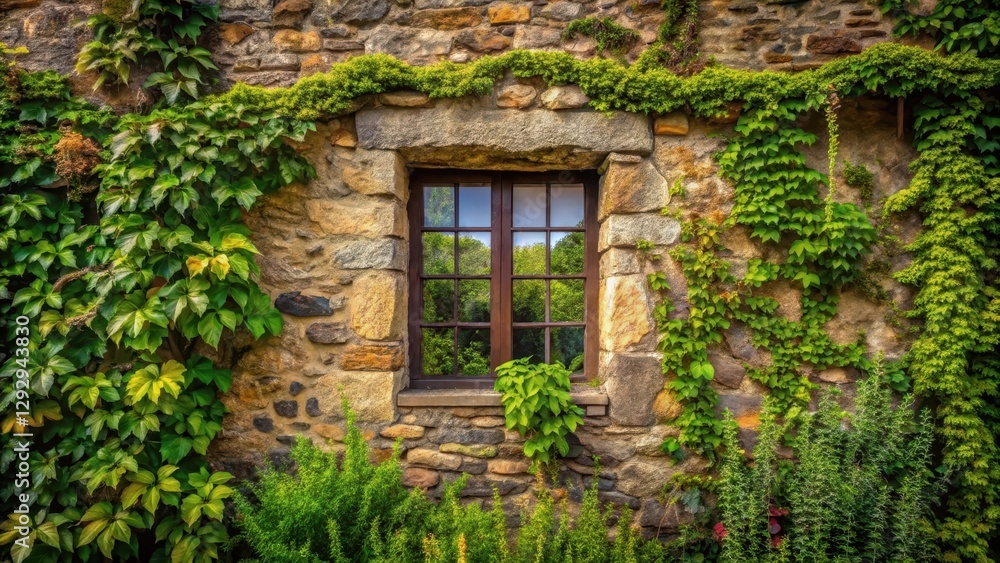Stone wall with a large window and overgrown plants, stone wall, rustic, stone wall Stone wall with a large window and overgrown plants, stone wall, rustic, stone wall