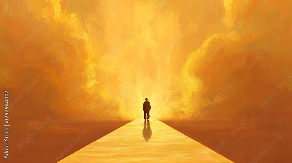 Silhouette of a Person Walking a Golden Path Towards a Bright Yellow Light Silhouette of a Person Walking a Golden Path Towards a Bright Yellow Light