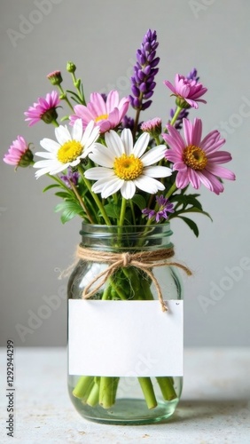 Wallpaper Mural blank card placed on a glass jar filled with bright flowers, white windowsill, flower arrangement, flower vases Torontodigital.ca