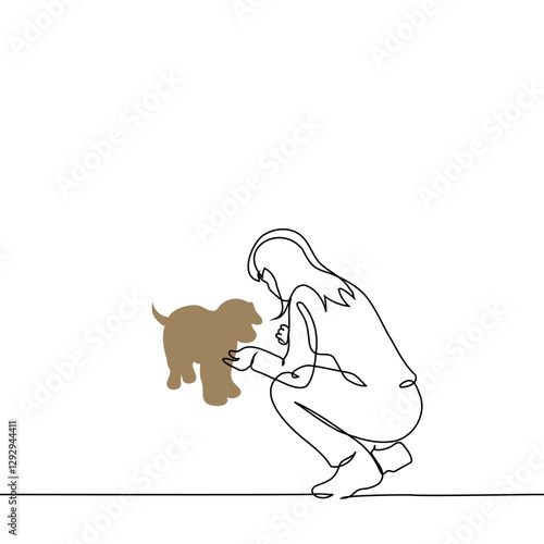 woman squatting with hands outstretched to dog - one line art vector. concept getting to know pet, animal adoption