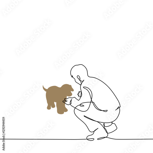 man squatting with hands outstretched to dog - one line art vector. concept getting to know pet, animal adoption