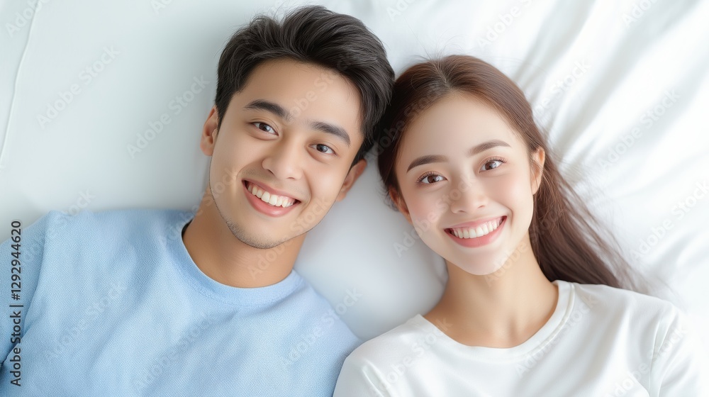 Couple sharing joyful moments while lying on a bed with bright smiles in a cozy indoor setting. Couple sharing joyful moments while lying on a bed with bright smiles in a cozy indoor setting.