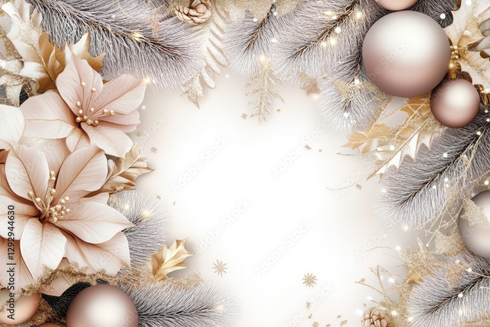 Obraz premium Festive Embellishment: An enchanting collection of Christmas ornaments, poinsettia flowers, and twinkling lights, artfully arranged to celebrate the holiday spirit.